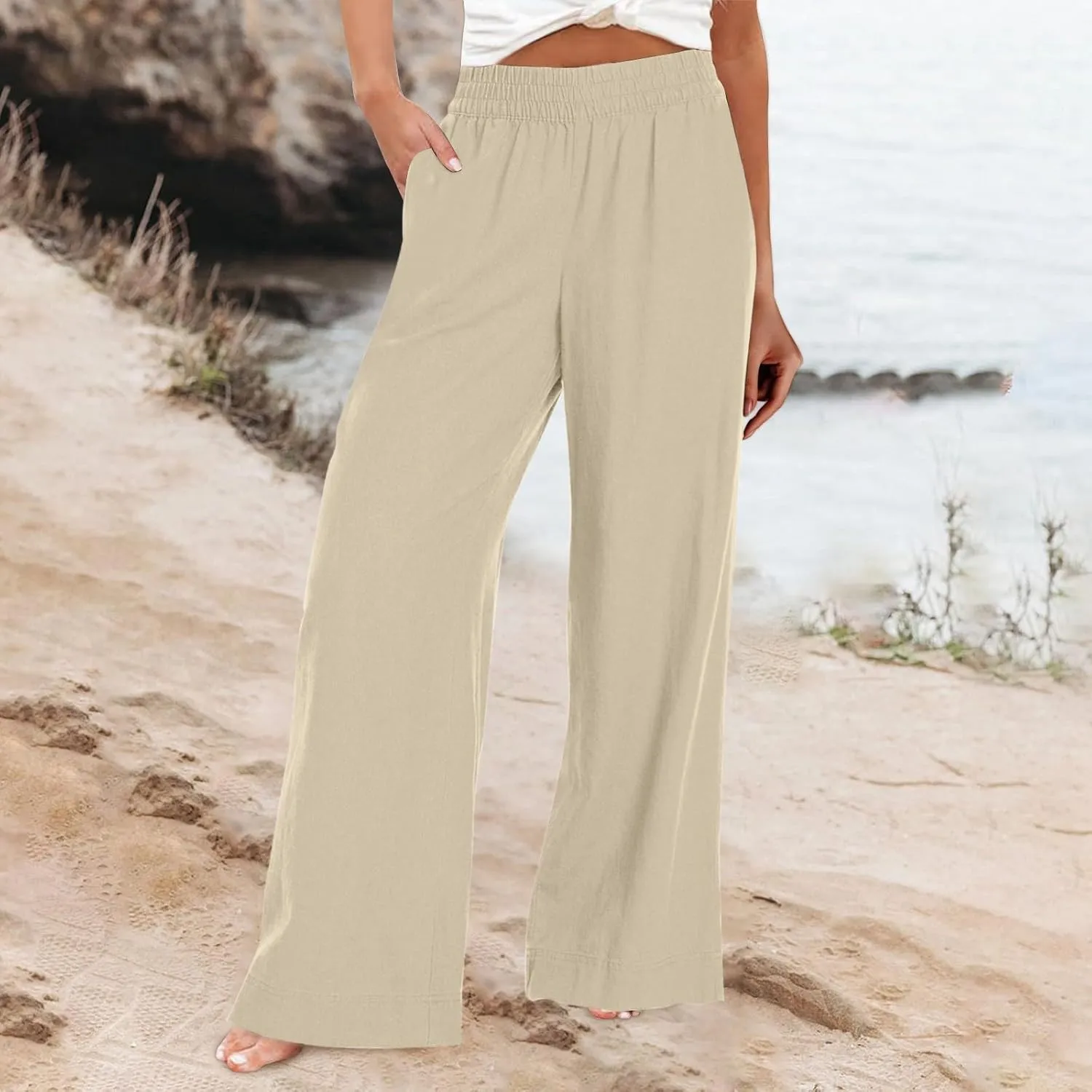 Wide Leg Linen Pants for Women Summer Boho Flowy Beach Pants Loose Fit High Waisted Casual Travel Pants with Pockets