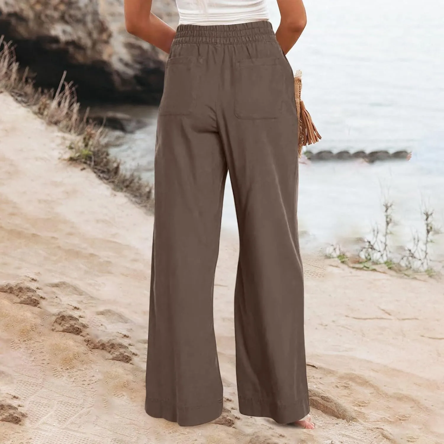 Wide Leg Linen Pants for Women Summer Boho Flowy Beach Pants Loose Fit High Waisted Casual Travel Pants with Pockets
