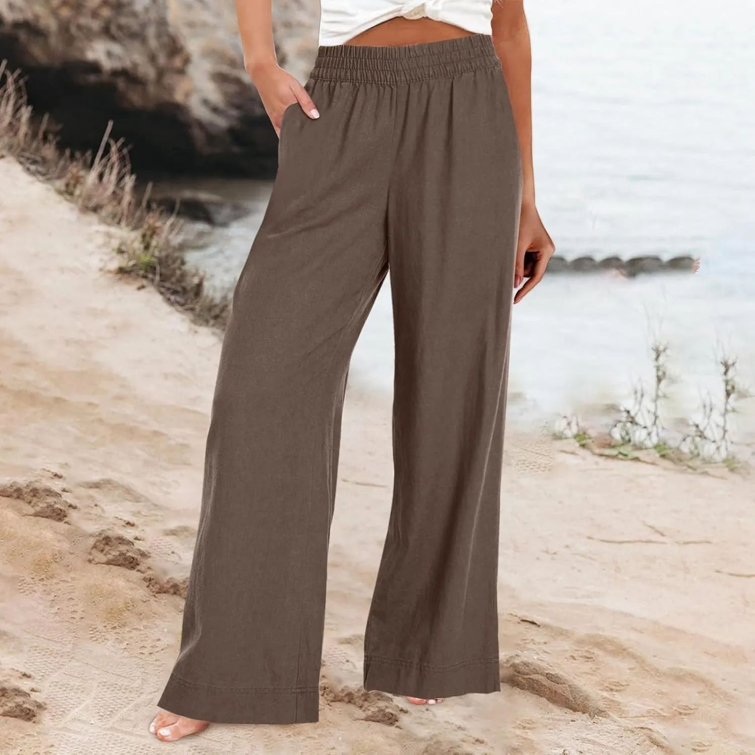 Wide Leg Linen Pants for Women Summer Boho Flowy Beach Pants Loose Fit High Waisted Casual Travel Pants with Pockets