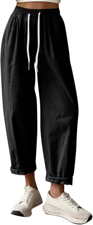 Wide Leg Linen Pants Women Capri Cropped Boho Pants Ankle Elastic Waist Lounge Pants Cotton Trousers with Pockets