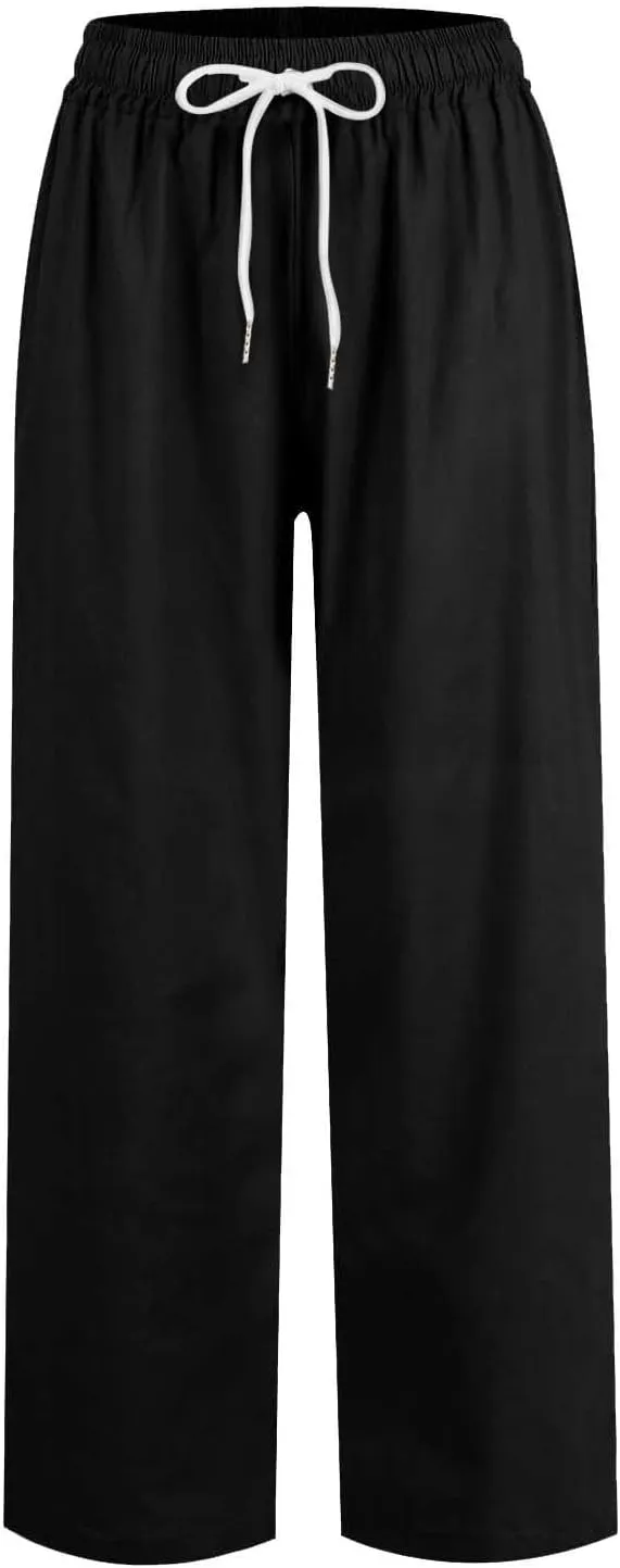Wide Leg Linen Pants Women Capri Cropped Boho Pants Ankle Elastic Waist Lounge Pants Cotton Trousers with Pockets