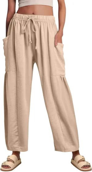 Wide Leg Pants for Women Linen High Waisted Summer Fashion Pants Drawstring Flowy with Pockets Solid Clothes Vacation