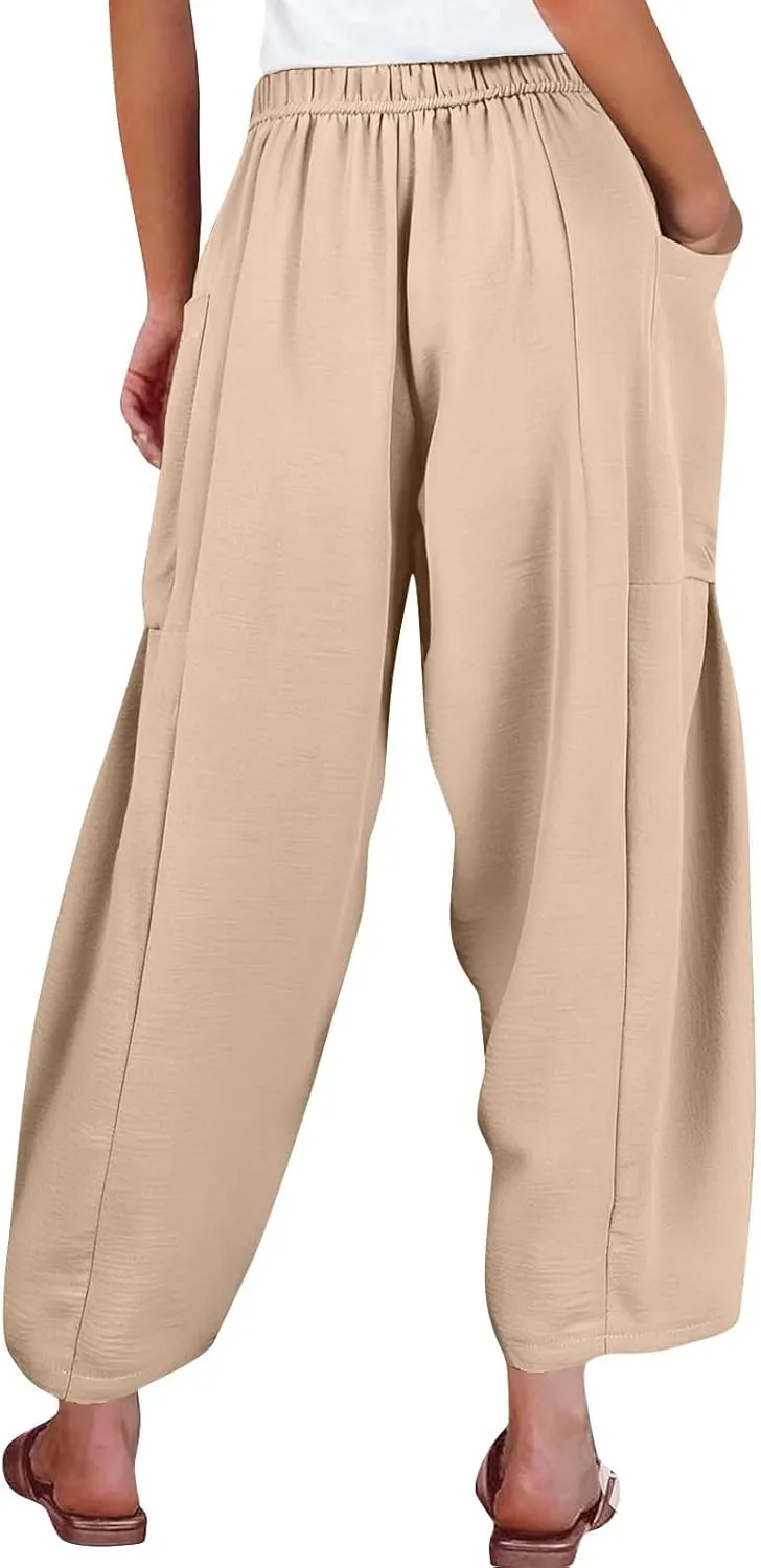 Wide Leg Pants for Women Linen High Waisted Summer Fashion Pants Drawstring Flowy with Pockets Solid Clothes Vacation