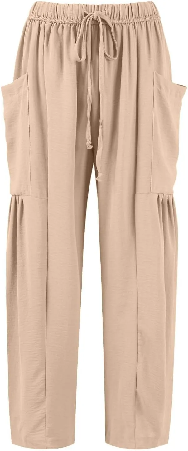 Wide Leg Pants for Women Linen High Waisted Summer Fashion Pants Drawstring Flowy with Pockets Solid Clothes Vacation