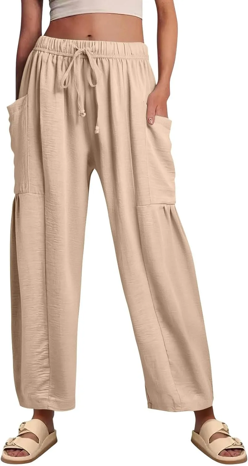 Wide Leg Pants for Women Linen High Waisted Summer Fashion Pants Drawstring Flowy with Pockets Solid Clothes Vacation