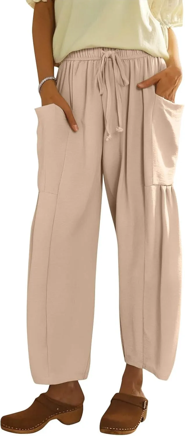 Wide Leg Pants for Women Linen High Waisted Summer Fashion Pants Drawstring Flowy with Pockets Solid Clothes Vacation