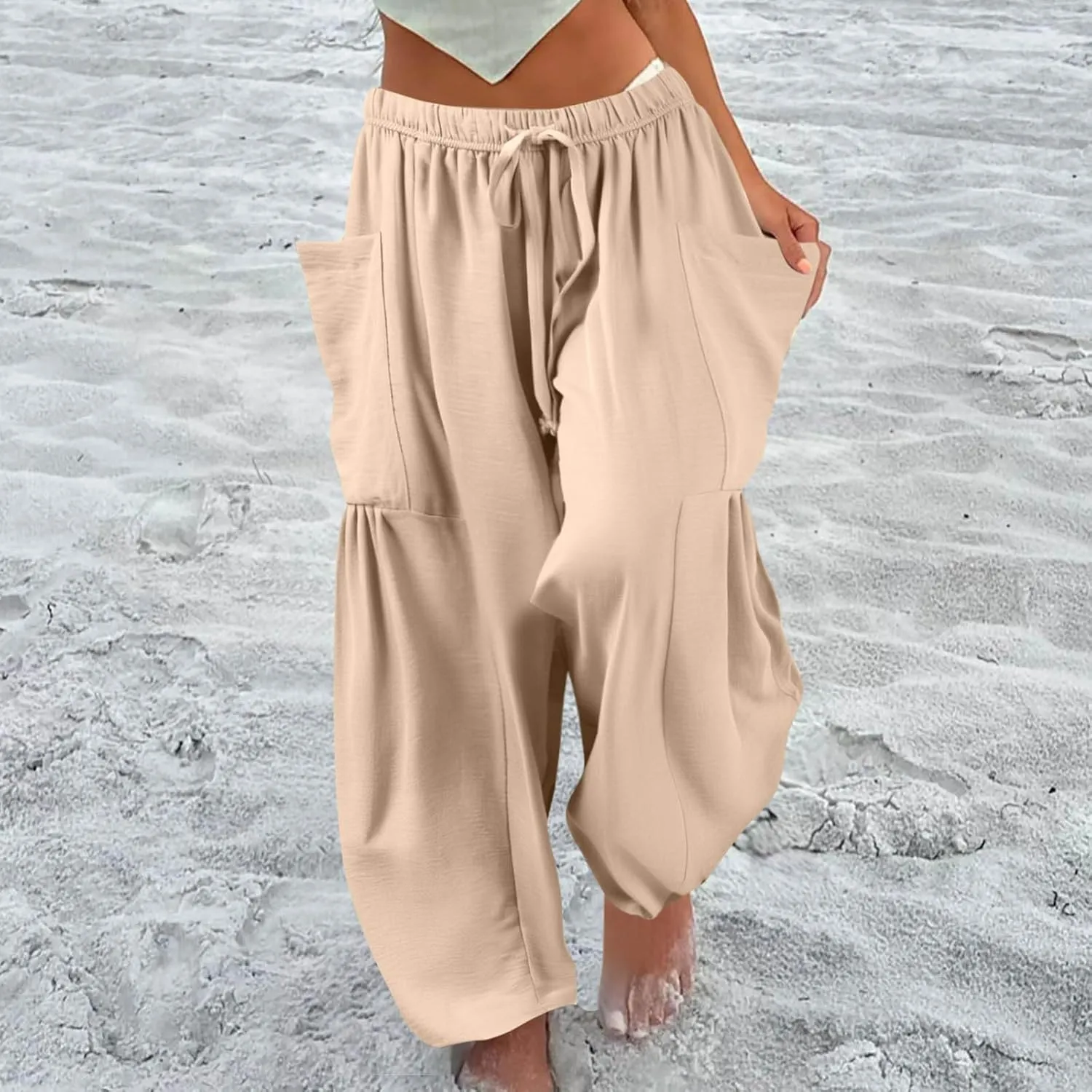Wide Leg Pants for Women Linen High Waisted Summer Fashion Pants Drawstring Flowy with Pockets Solid Clothes Vacation
