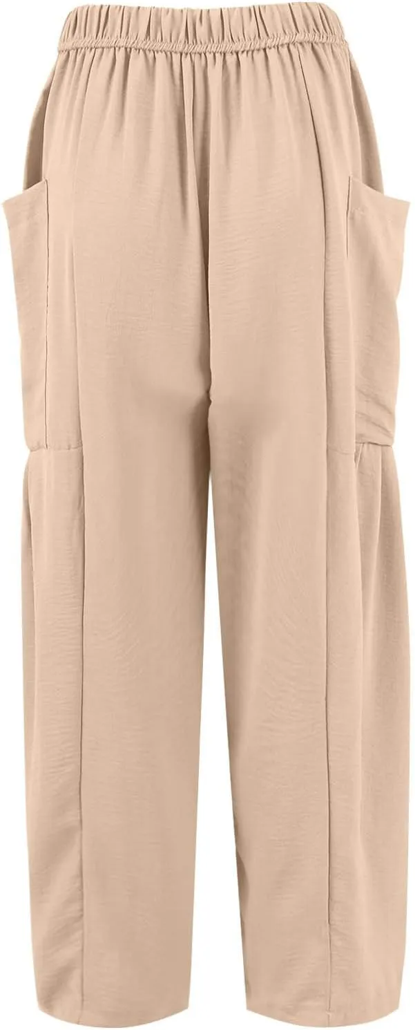 Wide Leg Pants for Women Linen High Waisted Summer Fashion Pants Drawstring Flowy with Pockets Solid Clothes Vacation