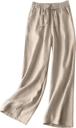 Wide Leg Pants for Women, Straight Leg Drawstring Linen Pants Wide High