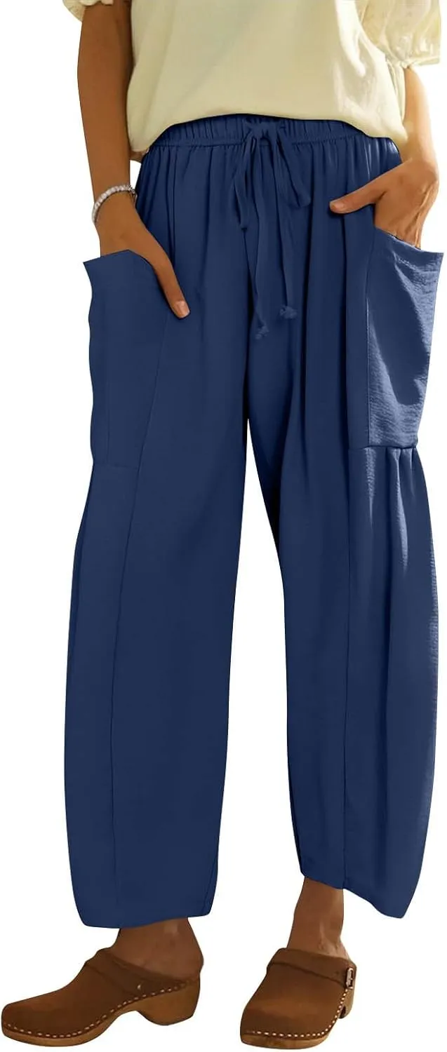 Wide Leg Pants Woman High Waisted Drawstring Casual Boho Pants Summer Baggy Trendy Palazzo Harem Trousers with Pockets