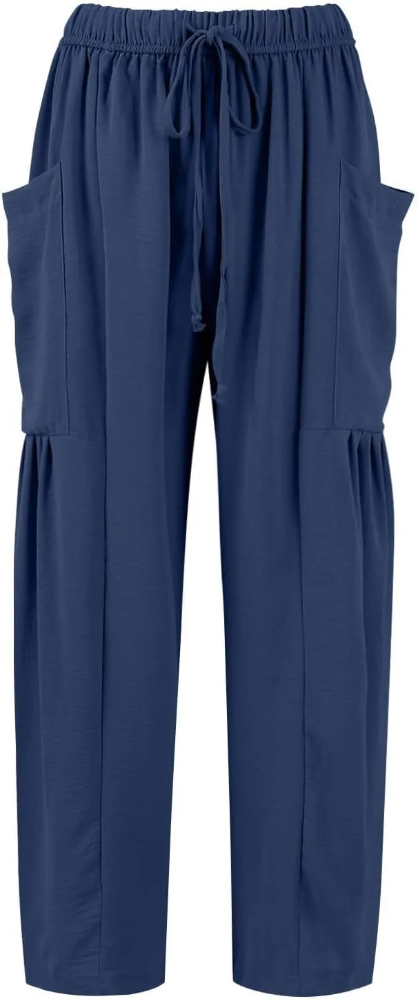Wide Leg Pants Woman High Waisted Drawstring Casual Boho Pants Summer Baggy Trendy Palazzo Harem Trousers with Pockets