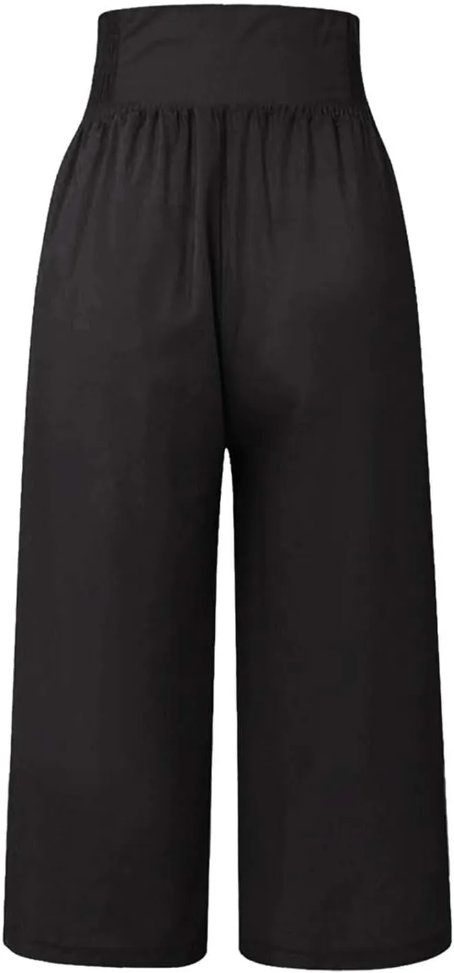 Wide Leg Work Pants for Women Pants Elastic Waist Summer Trousers 3/4 Length Pants with High Linen Pants for Women