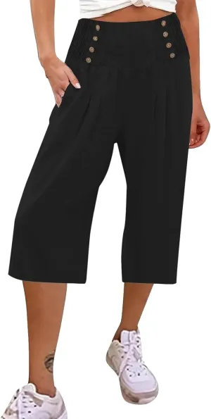 Wide Leg Work Pants for Women Pants Elastic Waist Summer Trousers 3/4 Length Pants with High Linen Pants for Women