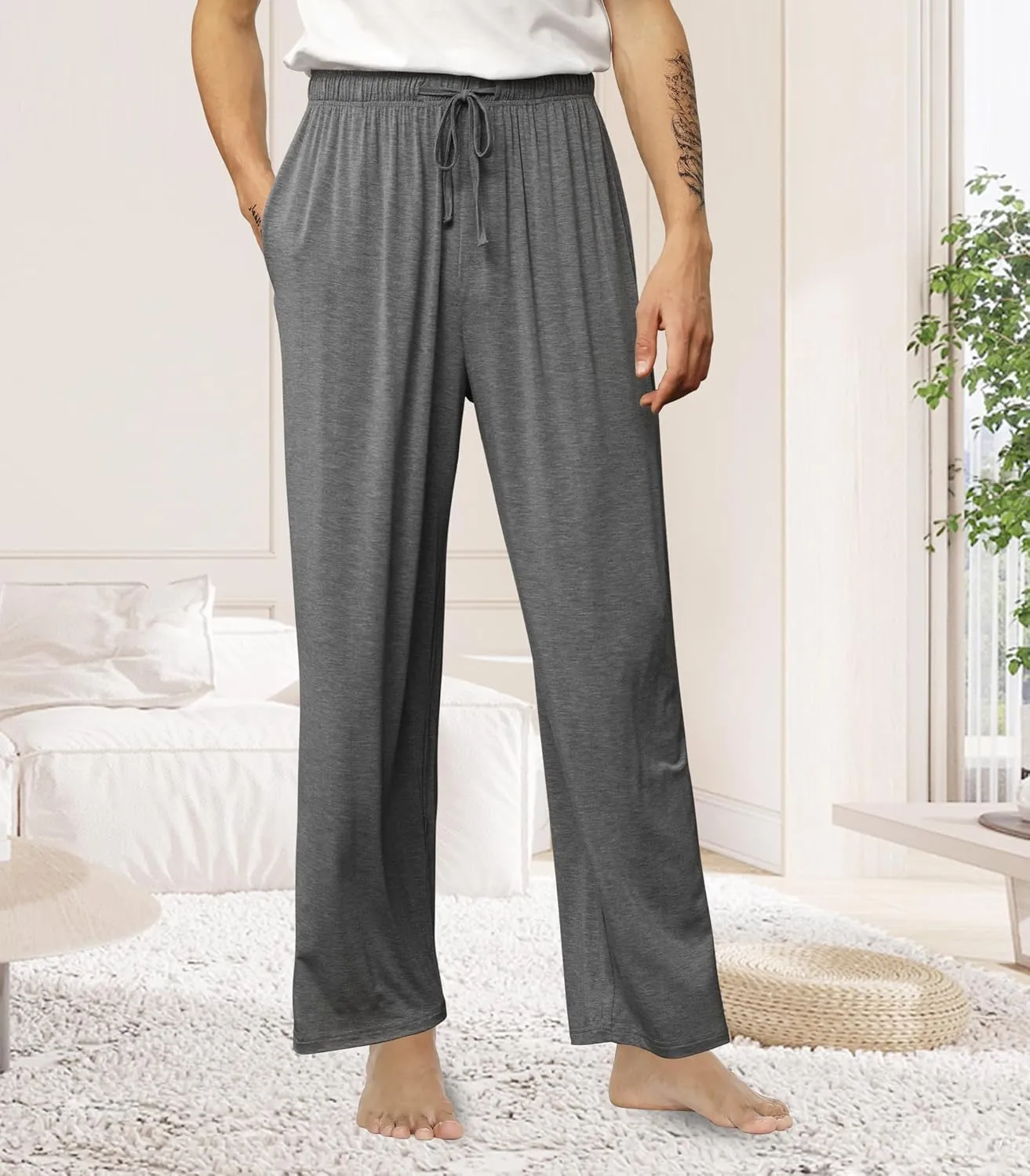 WiWi Mens Bamboo Viscose Pajama Pants Soft Lounge Bottoms Knit Big and Long Sweatpants Lightweight Sleep Pant Drawstring S-4X