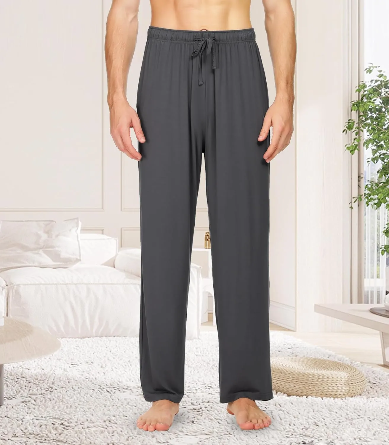 WiWi Mens Bamboo Viscose Pajama Pants Soft Lounge Bottoms Knit Big and Long Sweatpants Lightweight Sleep Pant Drawstring S-4X