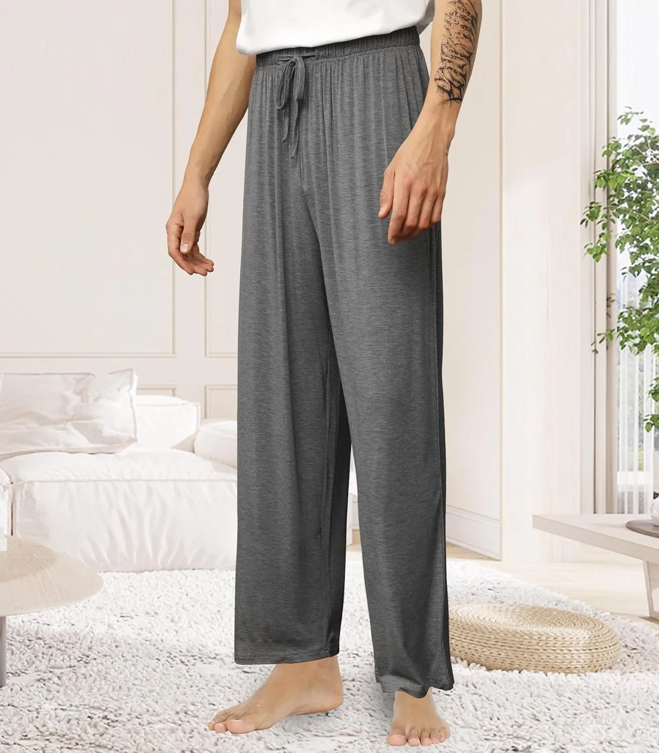 WiWi Mens Bamboo Viscose Pajama Pants Soft Lounge Bottoms Knit Big and Long Sweatpants Lightweight Sleep Pant Drawstring S-4X