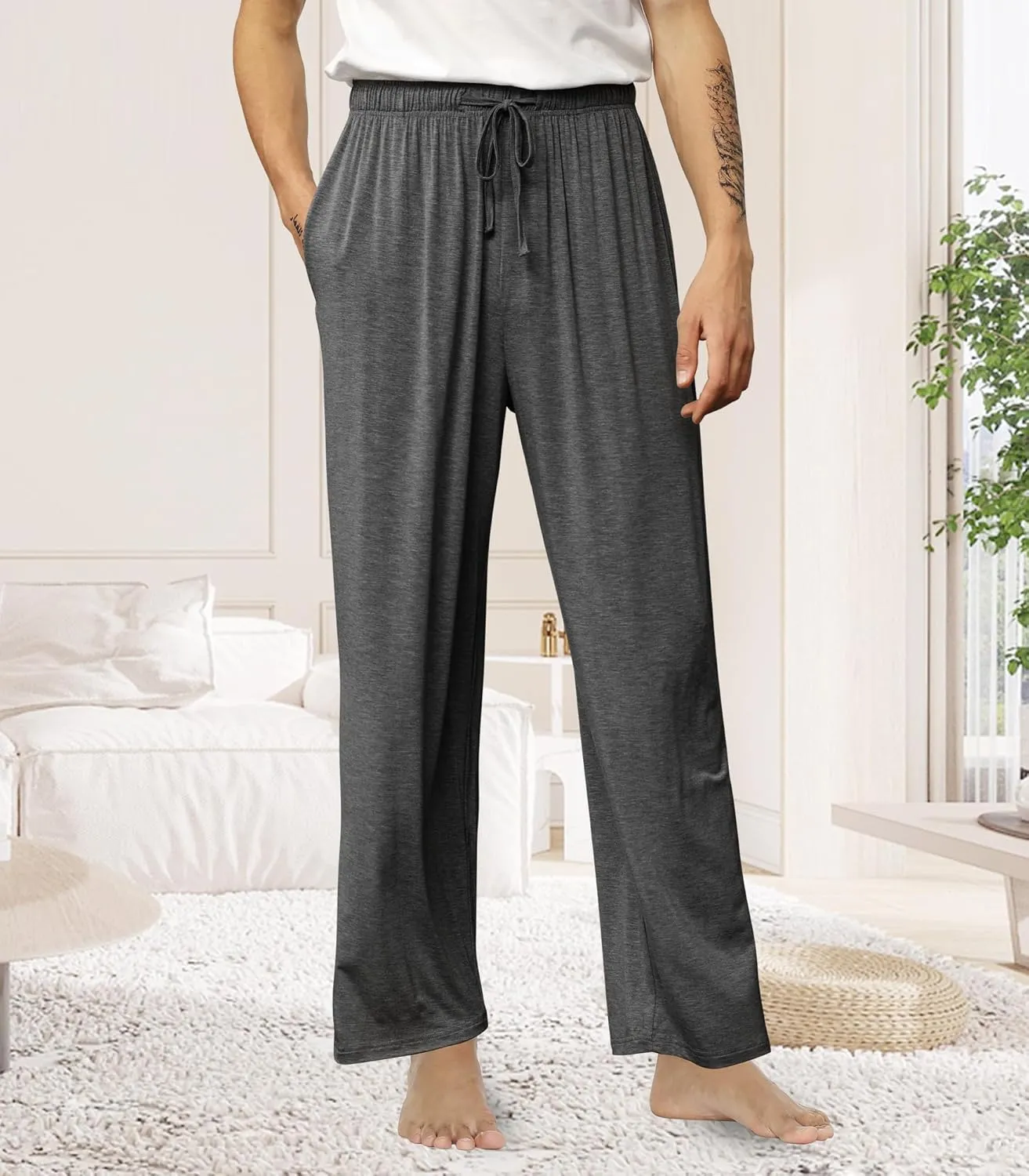 WiWi Mens Bamboo Viscose Pajama Pants Soft Lounge Bottoms Knit Big and Long Sweatpants Lightweight Sleep Pant Drawstring S-4X