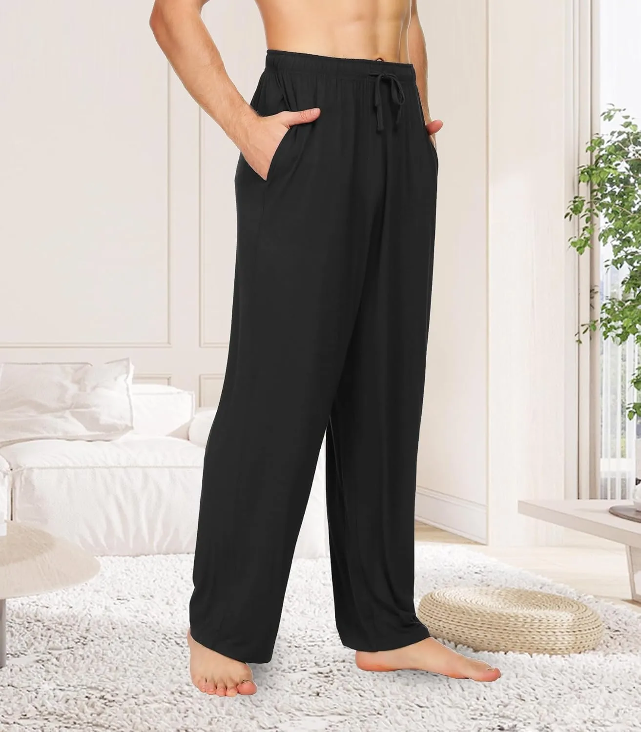 WiWi Mens Bamboo Viscose Pajama Pants Soft Lounge Bottoms Knit Big and Long Sweatpants Lightweight Sleep Pant Drawstring S-4X