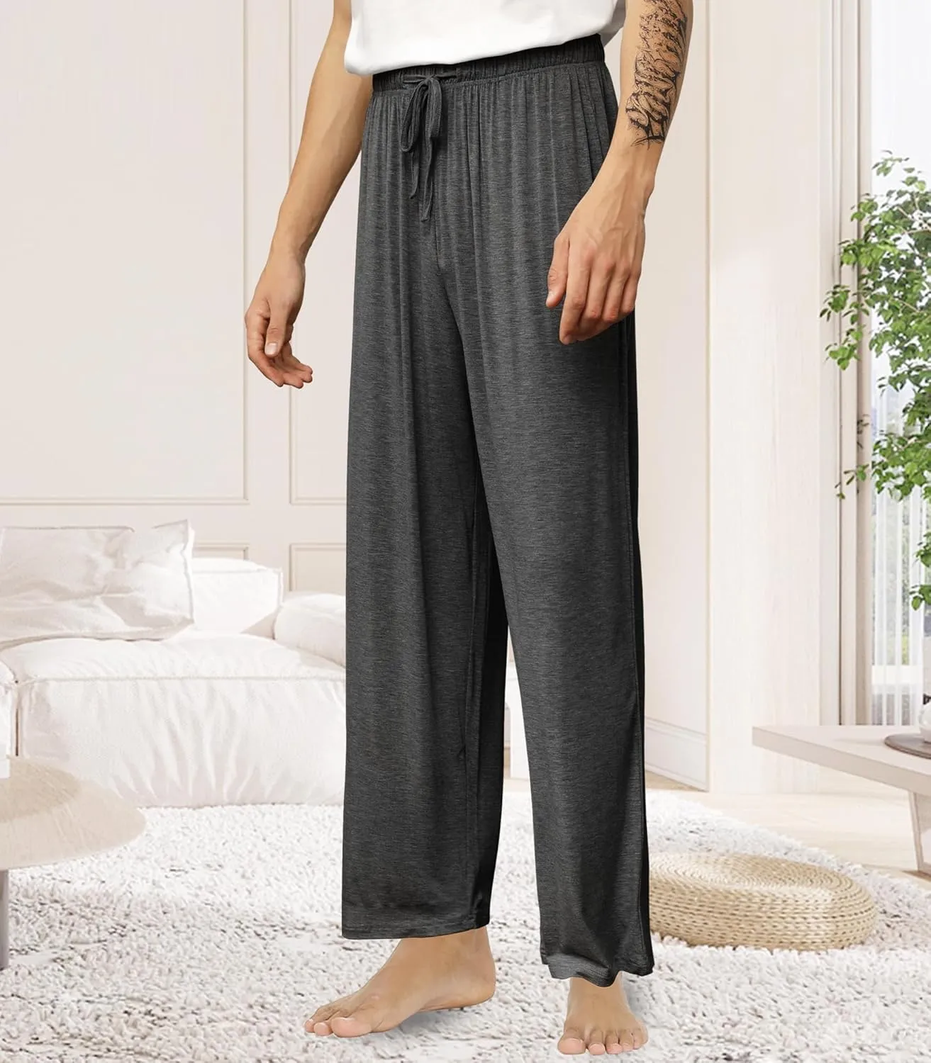 WiWi Mens Bamboo Viscose Pajama Pants Soft Lounge Bottoms Knit Big and Long Sweatpants Lightweight Sleep Pant Drawstring S-4X