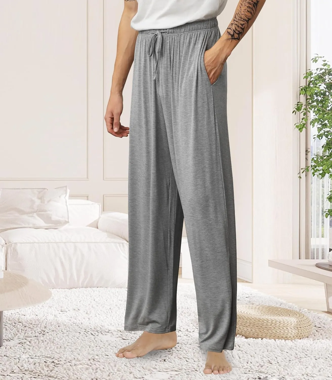 WiWi Mens Bamboo Viscose Pajama Pants Soft Lounge Bottoms Knit Big and Long Sweatpants Lightweight Sleep Pant Drawstring S-4X