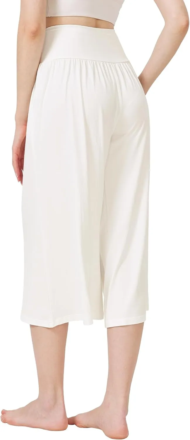 WiWi Women's Wide Leg Capri Pants Viscose from Bamboo Palazzo Lounge Bottoms with Pockets High Waist Pajama Bottom S-XXL