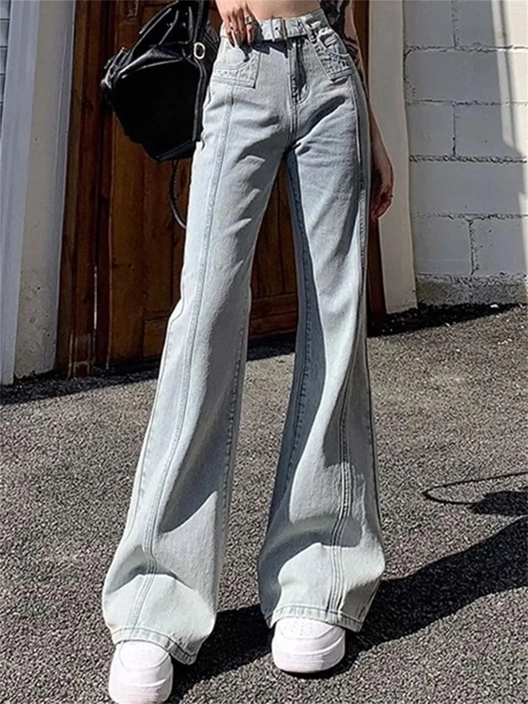 Woman High Waist Leg Jeans High Street Denim Straight Leg Pants Streetwear Trousers