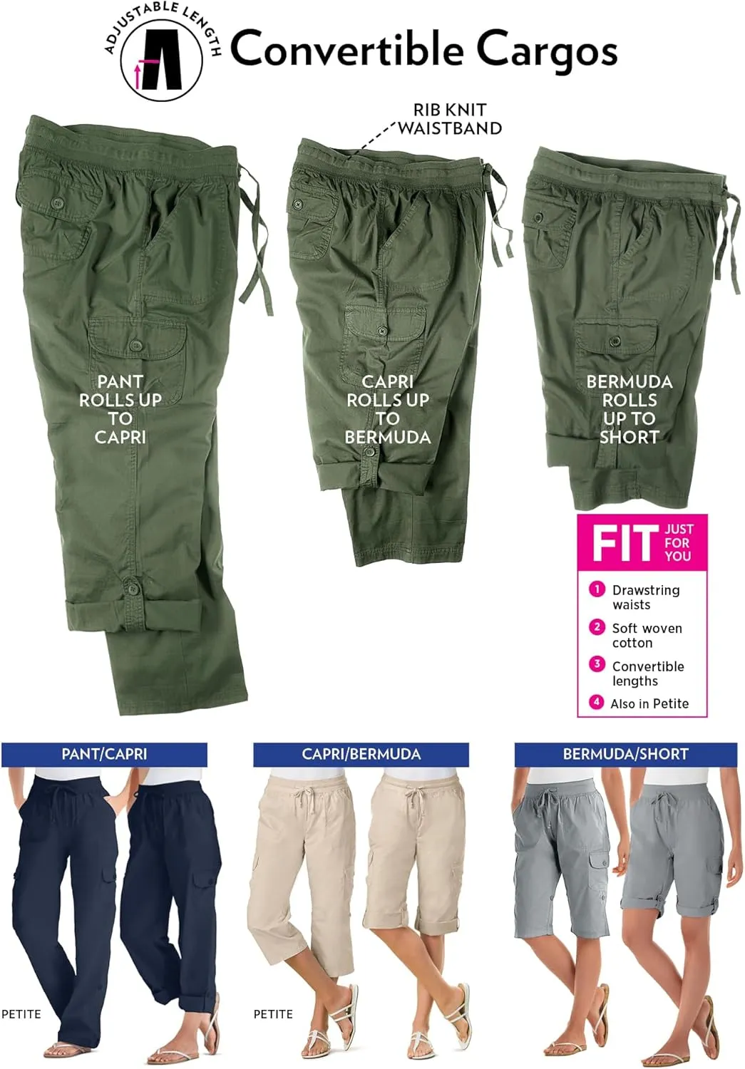 Woman Within Plus Size Convertible Length Cargo Bermuda/Short