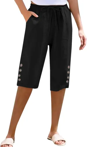 Women Capri Pants Summer Linen Striped Elastic Waisted Shorts Knee Length Casual Loose Petite Lounge Beach Pant