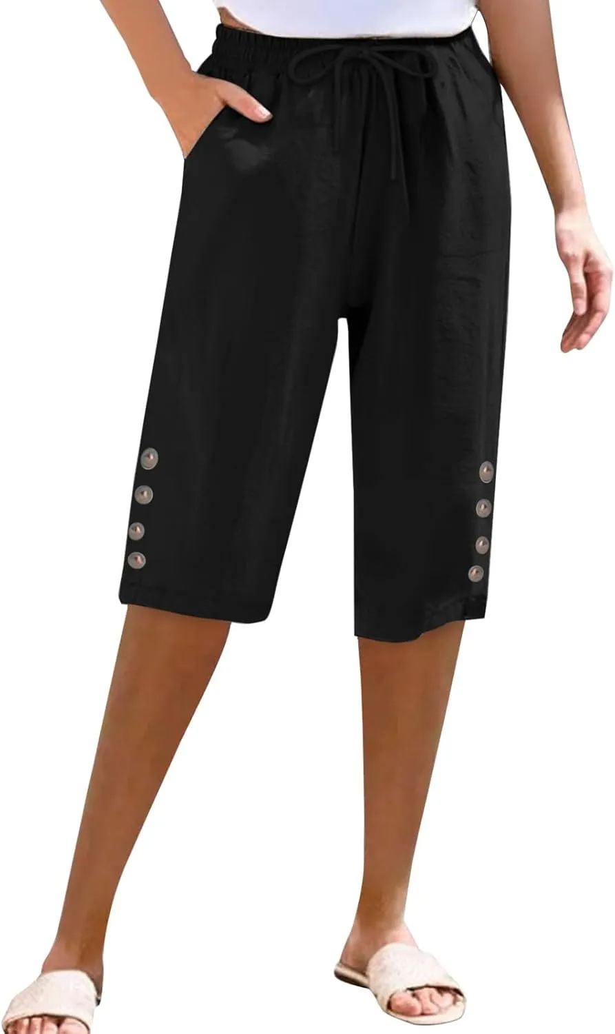 Women Capri Pants Summer Linen Striped Elastic Waisted Shorts Knee Length Casual Loose Petite Lounge Beach Pant