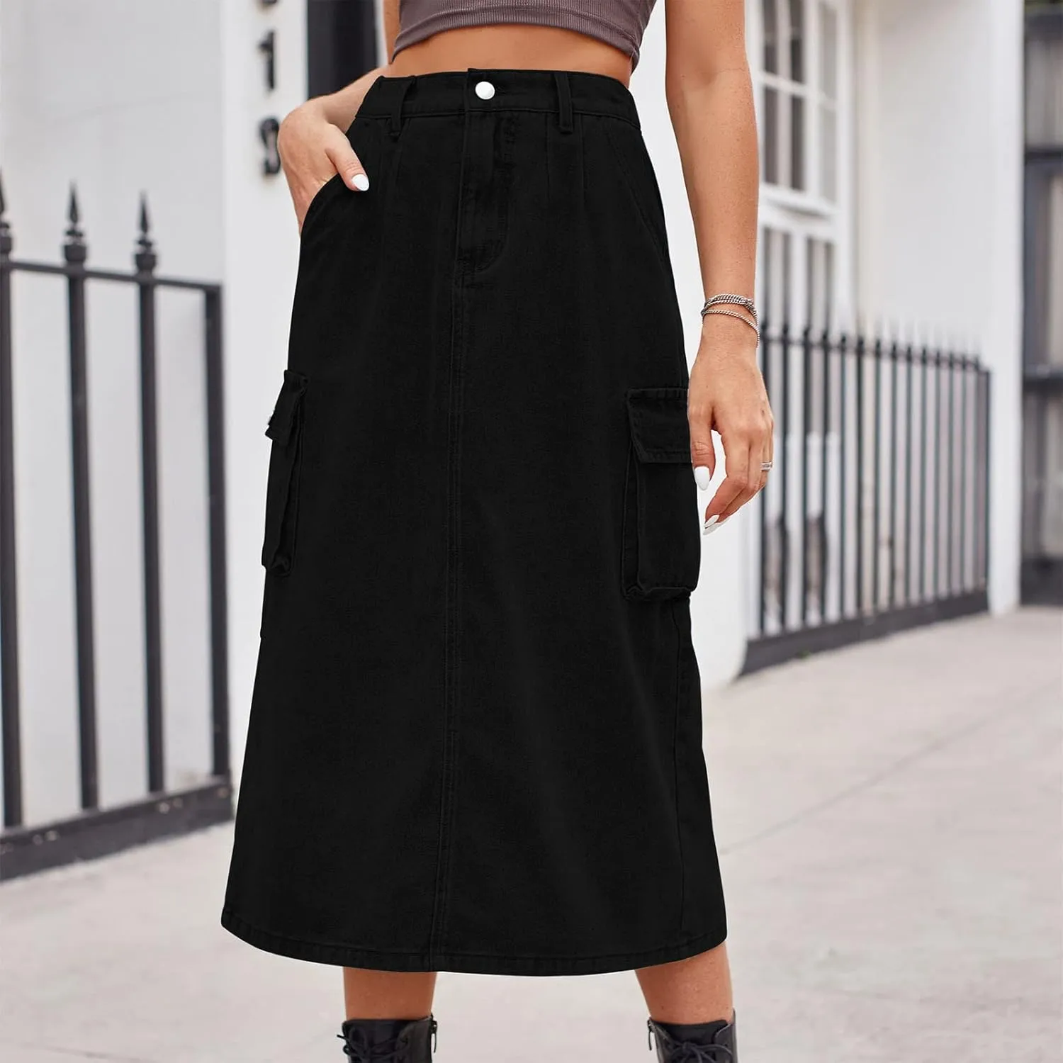Women Casual Cargo Denim Skirt with Pockets High Waisted Work Button Jeans Dresses Summer Flowy Hem A-line Skirts