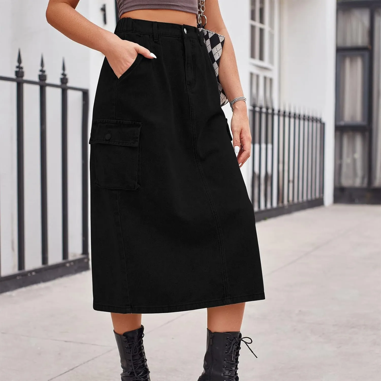 Women Casual Cargo Denim Skirt with Pockets High Waisted Work Button Jeans Dresses Summer Flowy Hem A-line Skirts