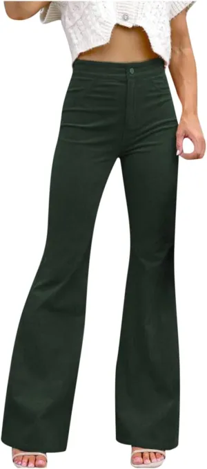 Women Corduroy Flare Pants Elastic High Waist Bell Bottom Trousers Vintage Baggy Wide Leg Flare Pants Long Sweatpants