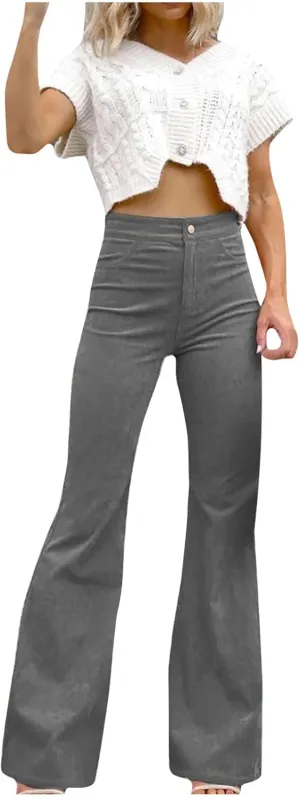 Women Corduroy Flare Pants Elastic High Waist Bell Bottom Trousers Vintage Baggy Wide Leg Flare Pants Long Sweatpants