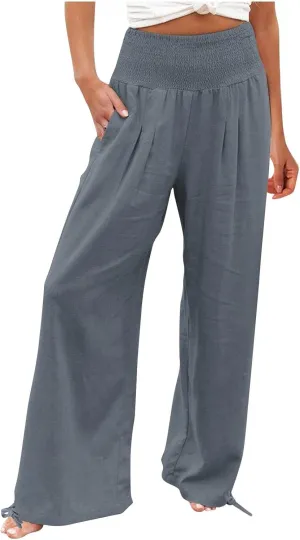 Women Cotton Linen Palazzo Pants Summer Boho Wide Leg High Waist Casual Loose Comfy Pants Trousers with Pocket