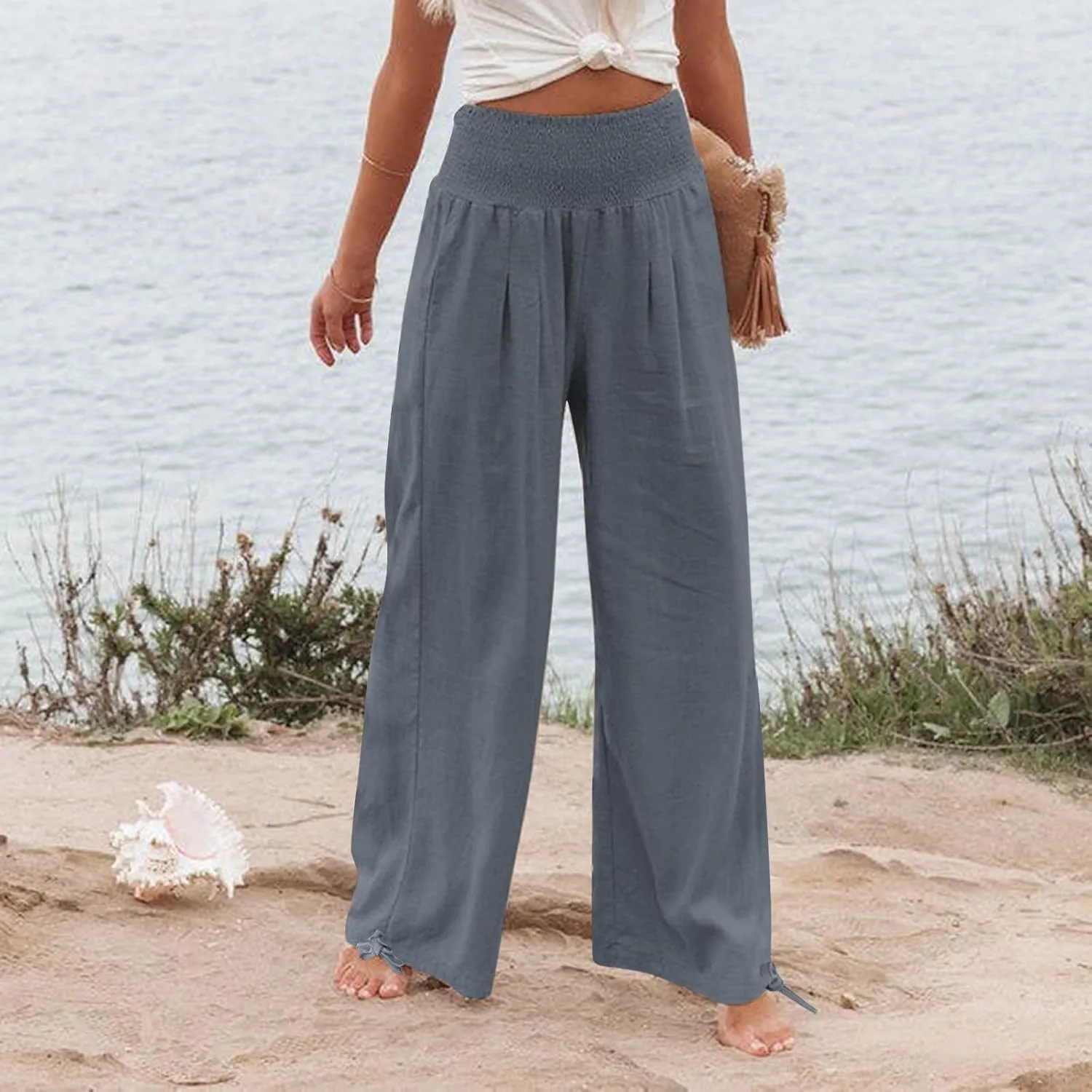 Women Cotton Linen Palazzo Pants Summer Boho Wide Leg High Waist Casual Loose Comfy Pants Trousers with Pocket