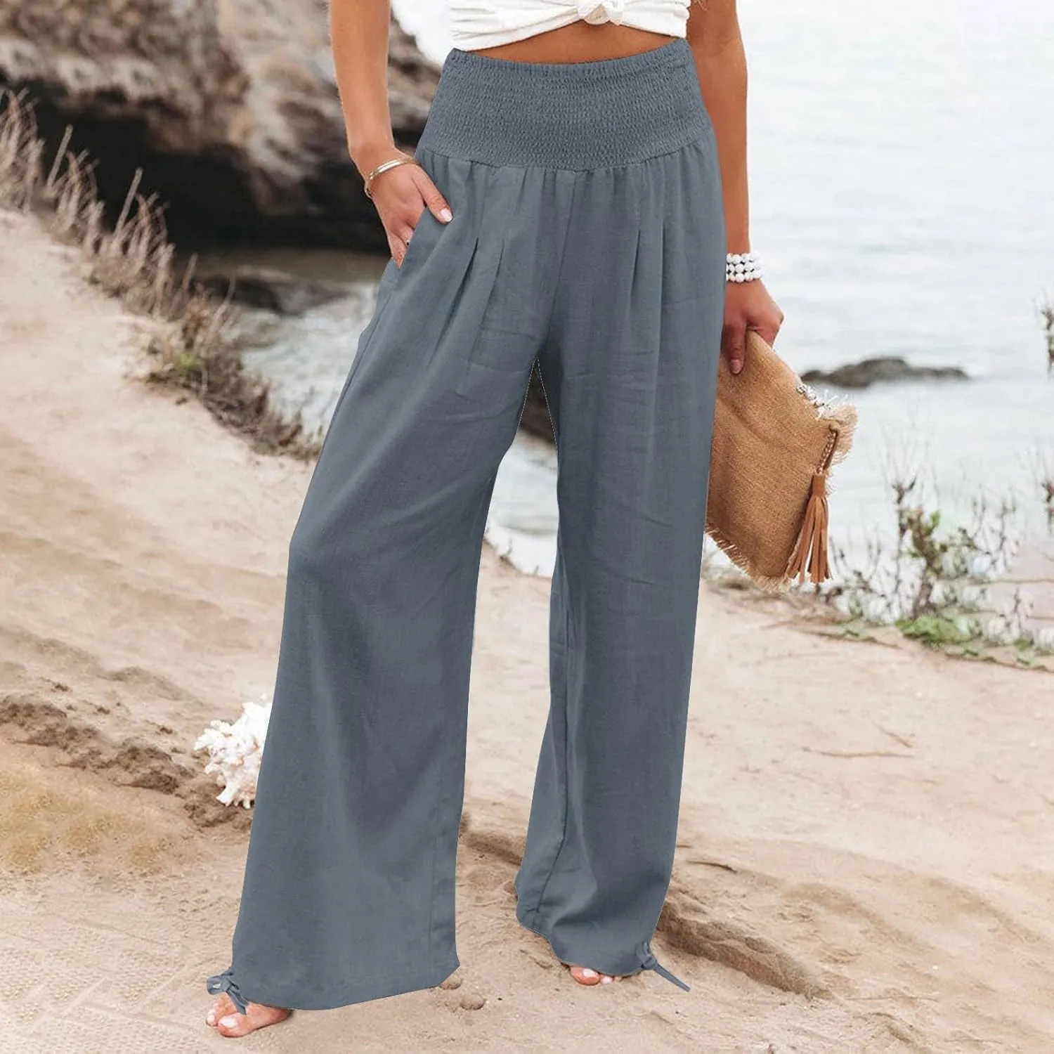 Women Cotton Linen Palazzo Pants Summer Boho Wide Leg High Waist Casual Loose Comfy Pants Trousers with Pocket