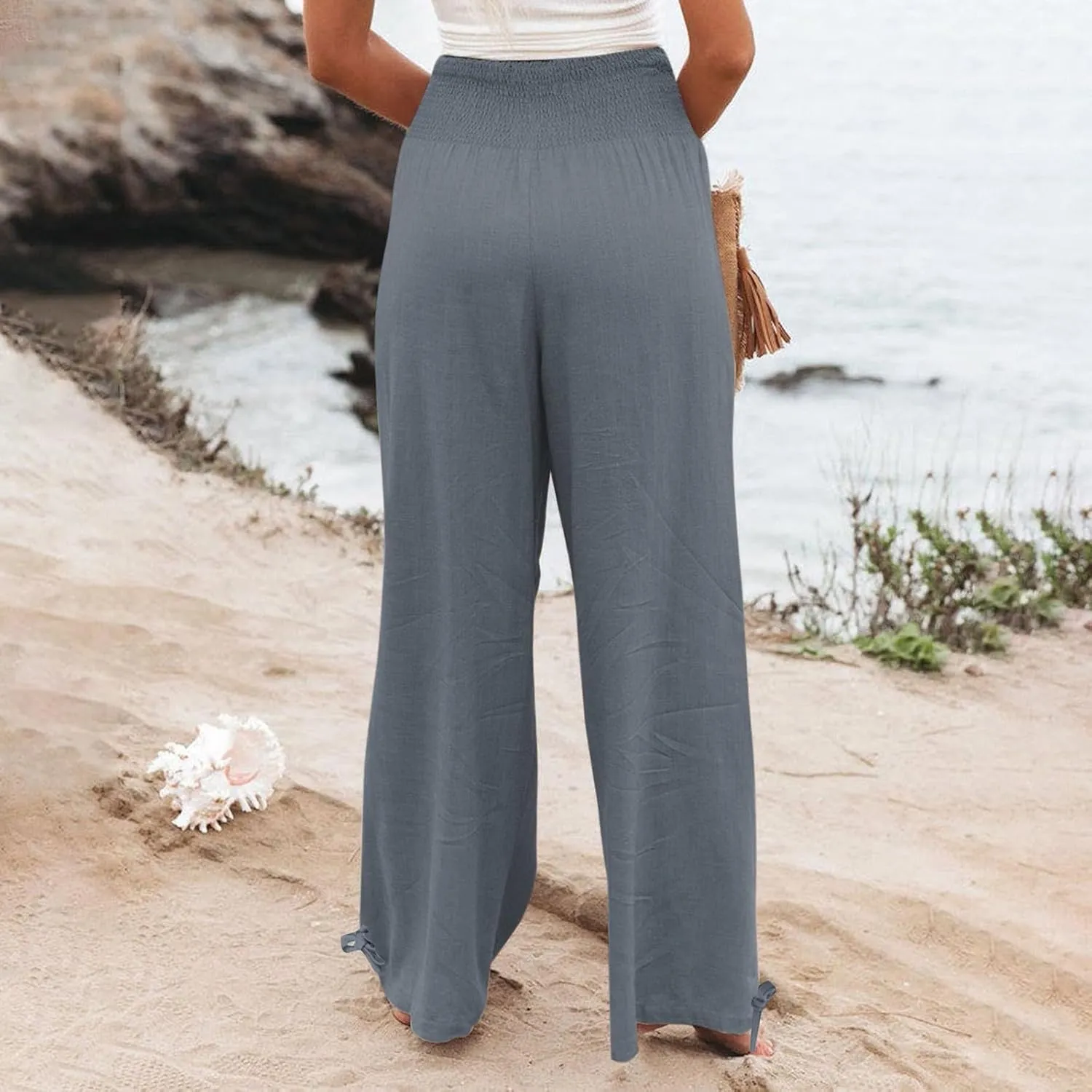 Women Cotton Linen Palazzo Pants Summer Boho Wide Leg High Waist Casual Loose Comfy Pants Trousers with Pocket