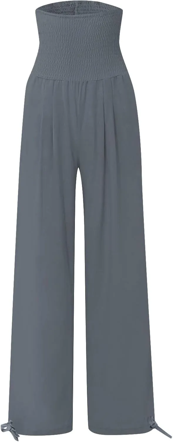 Women Cotton Linen Palazzo Pants Summer Boho Wide Leg High Waist Casual Loose Comfy Pants Trousers with Pocket