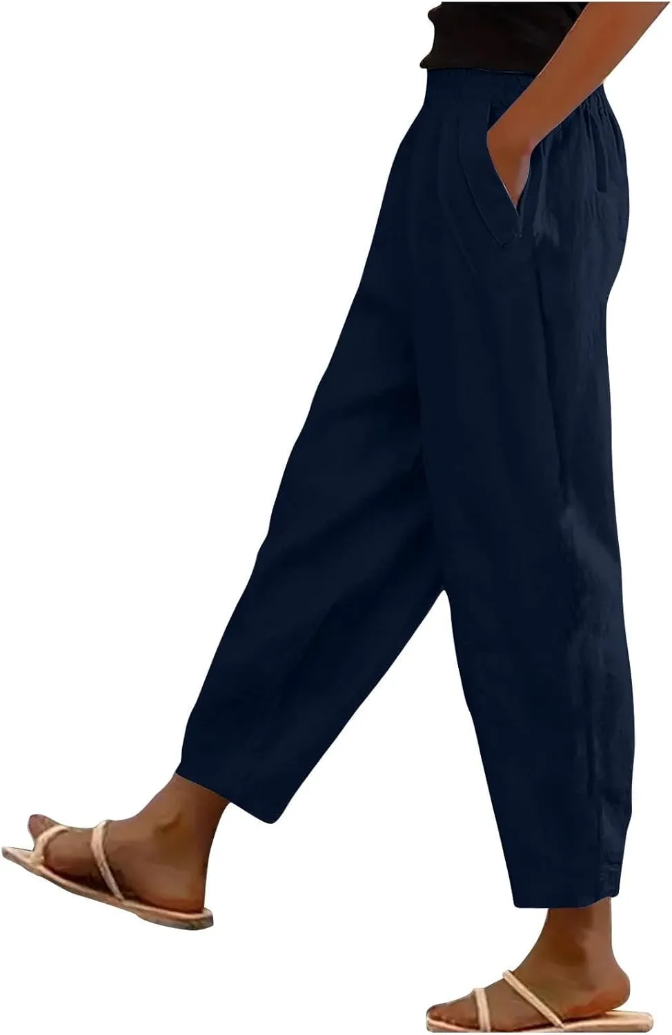 Women Cotton Linen Pant Solid Color Elastic Waist Slacks Straight Leg Comfy Pants Casual Lounge Trousers