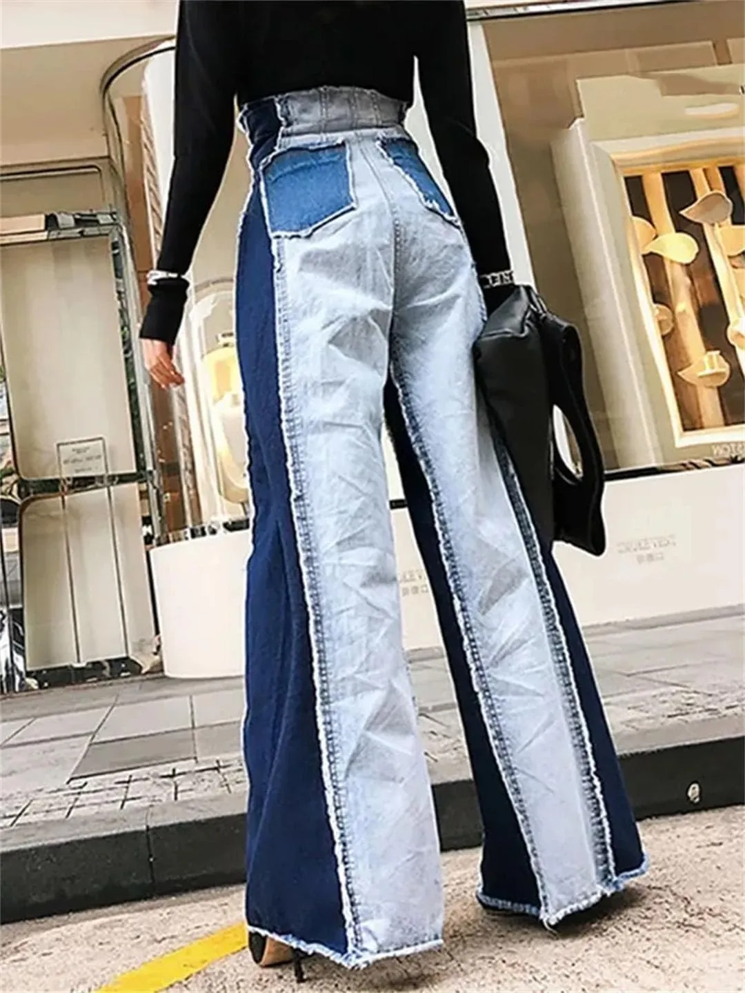 Women Denim Patchwork Trousers High Waist Hit Color Big Size Wide Leg Pants