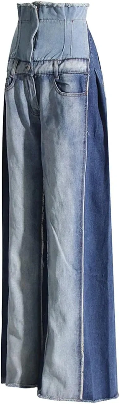 Women Denim Patchwork Trousers High Waist Hit Color Big Size Wide Leg Pants