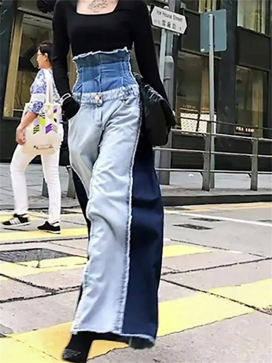 Women Denim Patchwork Trousers High Waist Hit Color Big Size Wide Leg Pants
