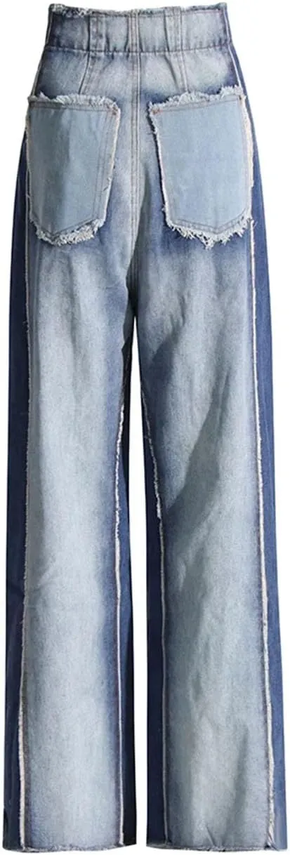 Women Denim Patchwork Trousers High Waist Hit Color Big Size Wide Leg Pants