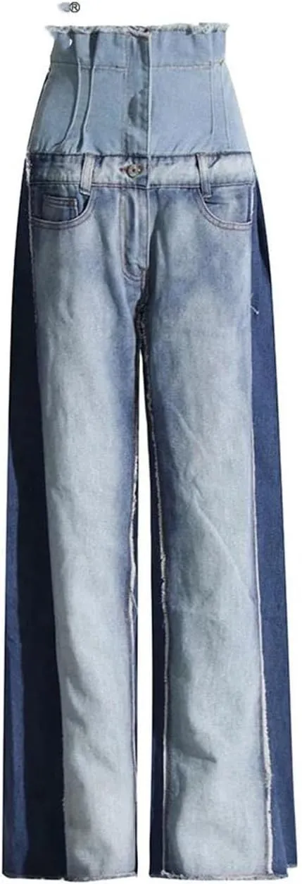 Women Denim Patchwork Trousers High Waist Hit Color Big Size Wide Leg Pants