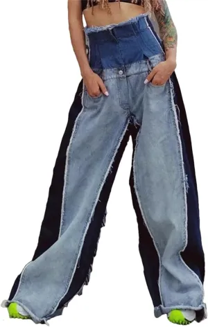 Women Denim Patchwork Trousers High Waist Hit Color Big Size Wide Leg Pants
