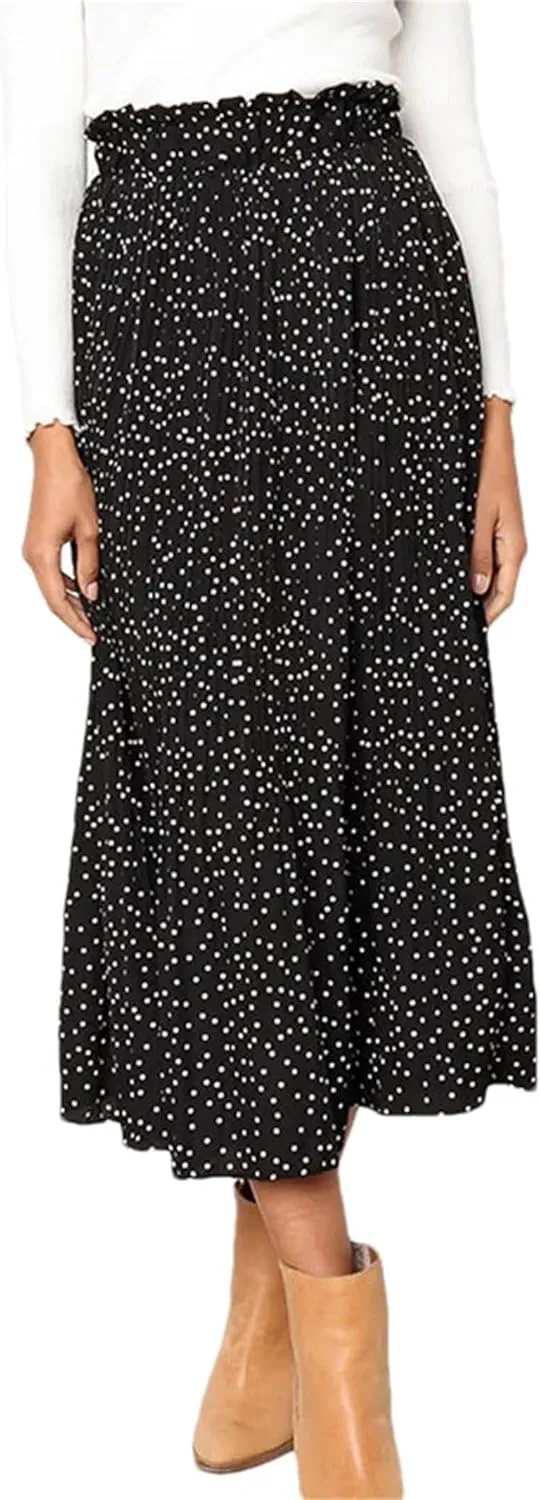Women Floral Print Pleated Midi Skirt Elastic High Waist Side Pockets Skirts Female Bottom