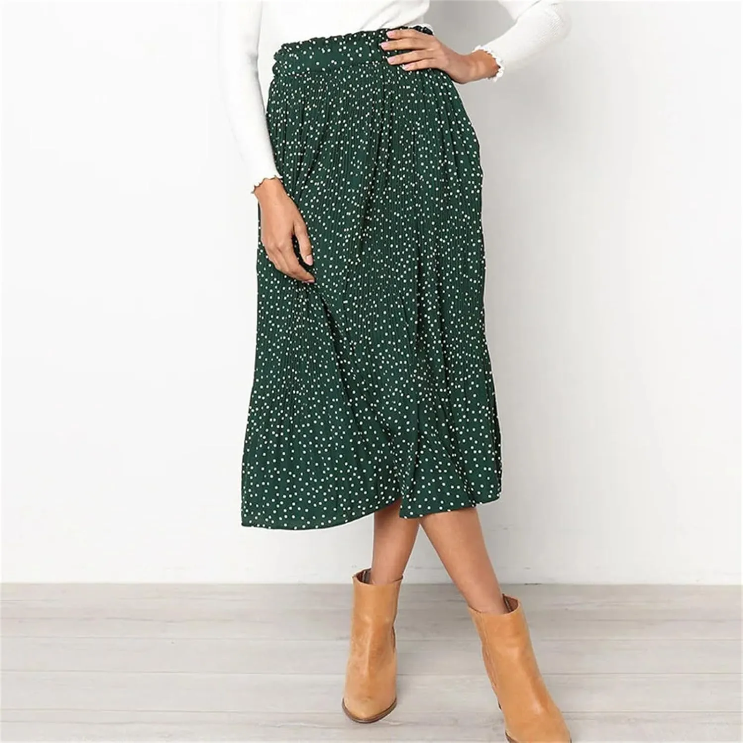 Women Floral Print Pleated Midi Skirt Elastic High Waist Side Pockets Skirts Female Bottom