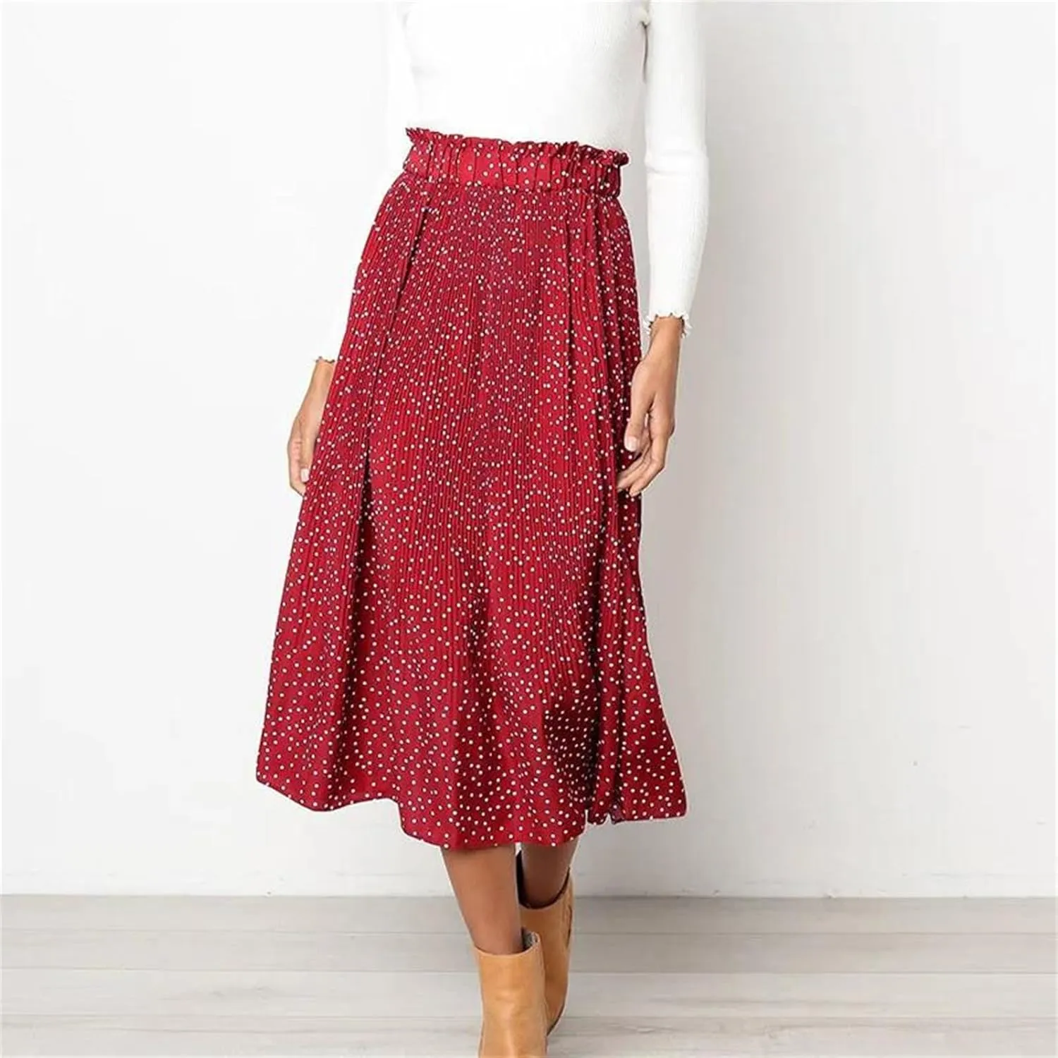 Women Floral Print Pleated Midi Skirt Elastic High Waist Side Pockets Skirts Female Bottom