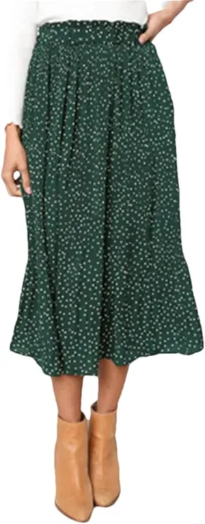 Women Floral Print Pleated Midi Skirt Elastic High Waist Side Pockets Skirts Female Bottom