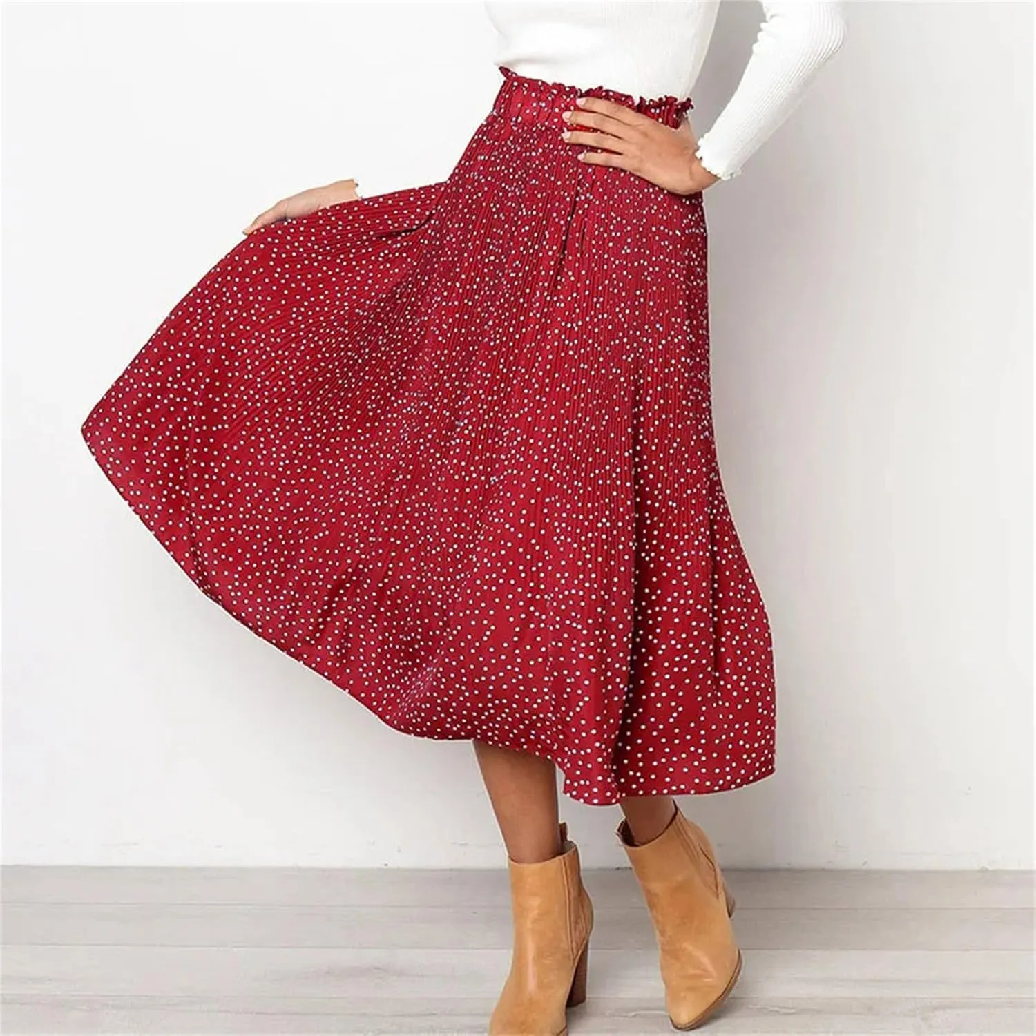 Women Floral Print Pleated Midi Skirt Elastic High Waist Side Pockets Skirts Female Bottom